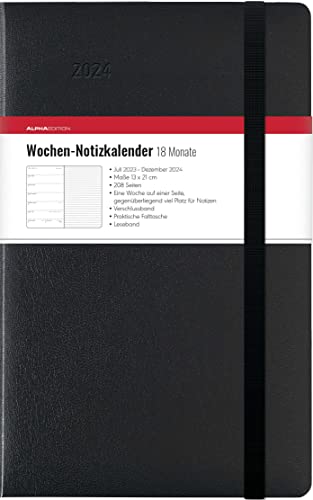 Wochen Notizkalender 18 Monate groß Black 2024 - Taschen-Kalender 13x21 cm - mit Verschlussband & Falttasche - Juli 2023 bis Dez 2024 - Weekly - 128 Seiten von Alpha Edition