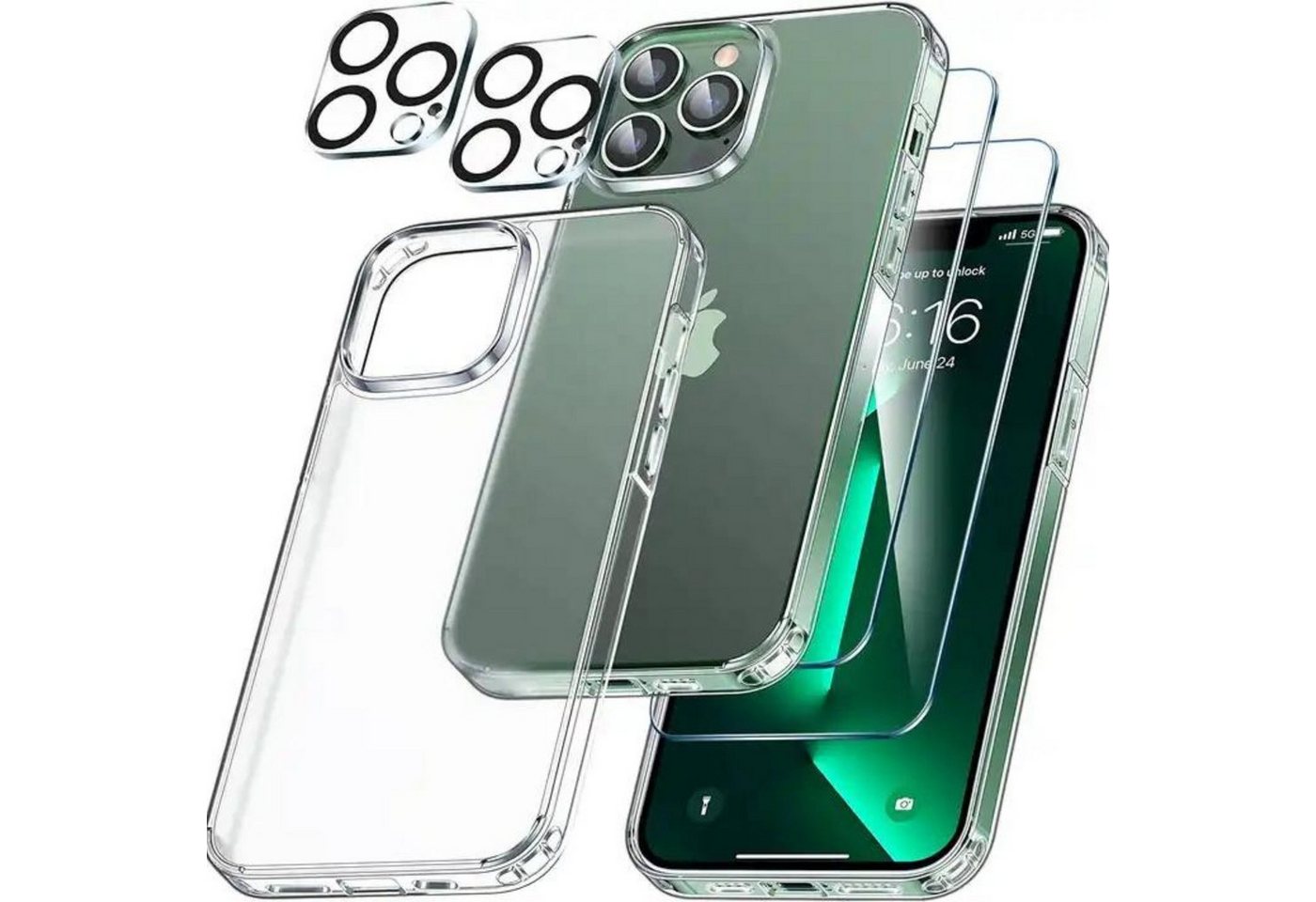 Alpha Electronics Handyhülle 5in1 Hülle für iPhone 13 Pro, 2X Schutzglas 2X Kamera Glas 1x Silikonhülle von Alpha Electronics