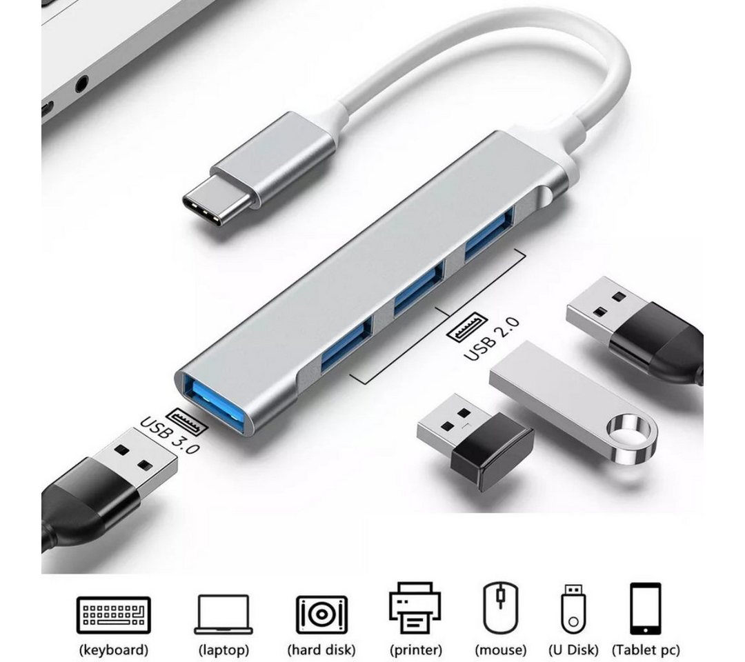 Alpha Electronics USB Verteiler USB-Adapter USB-C zu USB 3.0 Typ A, Standard-USB, 8 cm, 4in1 Splitter, für Laptop und andere Typ- C- Geräte von Alpha Electronics