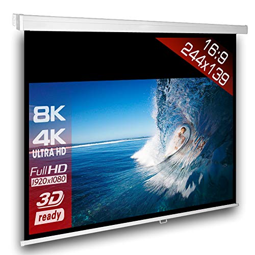 SlenderLine Beamer Leinwand 244 x 139 cm | Format 16:9 | 1.2 Gain | FULL-HD 4K 8K & 2D/3D geeignet | manuelle Rolloleinwand für Heimkino & Präsentation | 4-kant Gehäuse - direkte Decken- bzw. Wandmontage | Aufrollmechanismus mit mehrfach Arretierung von Alphavision*Business