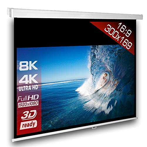 SlenderLine Beamer Leinwand 300 x 169 cm | Format 16:9 | 1.2 Gain | FULL-HD 4K 8K & 2D/3D geeignet | manuelle Rolloleinwand für Heimkino & Präsentation | 4-kant Gehäuse - direkte Decken- bzw. Wandmontage | Aufrollmechanismus mit mehrfach Arretierung von Alphavision*Business