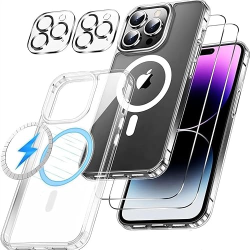 Alphn iPhone 14 Pro Max Hülle MagSafe, 5 in 1- Handyhülle Mit Magsafe - 1 MagSafe Schutzhülle -2 Schutzfolie,2 Kameraschutz, Wireless Magnetisch Hülle, Stoßfest - Nie Vergilbung,Transparent, Kratzfest von Alphn