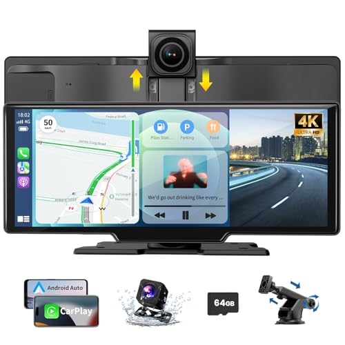 Alpinetech Wireless Carplay Display & Android Auto Display: 10,26 Zoll Tragbares Autoradio mit 4K Dashcam Vorne Rückfahrkamera Siri Bluetooth Mirror Link AUX FM SD-Karte für All Vehicles von Alpinetech
