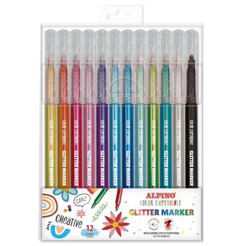 Alpino 12 Glitzermarker Color Experience Etui | Glitzerstifte zum Schreiben und Dekorieren | Leuchtende und leuchtende Farben | 3,3 mm starke Spitze | Glitzereffekt von Alpino