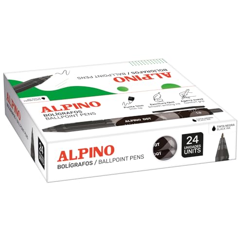 Alpino - Box mit 24 Dot Kugelschreibern, schwarze Tinte, Design mit einziehbarem System, weicher und rutschfester Griff, 1 mm Spitze, hochwertige und schnell trocknende Tinte von Alpino