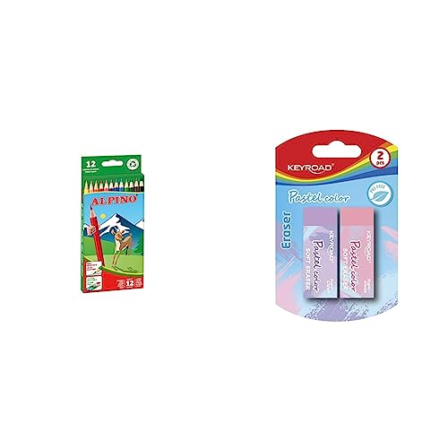 Alpino Buntstifte 12 Stück | Kinder-Buntstifte & KeyRoad Universal Radiergummi/Radierer für Bleistift und Buntstift/ 2 Stücke/Blister/Farbe: Pastellfarben von Alpino
