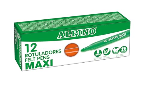 Alpino - Karton mit 12 Maxi-Orange-Markern | Super waschbare Marker für Kinder | Superhelle Schulmarker | Marker mit dicker Spitze 5,7 mm | Lange Dauer und Widerstand von Alpino