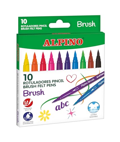 Alpino - Karton mit 12 Pinselmarkern | Superwaschbare Marker | Beschriftungsmarker für Kinder | Pinselspitzenmarker 3,8 mm | Lange Dauer und Widerstand von Alpino