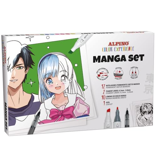 Alpino Manga-Starter-Set | Lieferumfang: 12 x Sketch Marker Doppelspitze Color Experience, 2 x pigmentierte Fineliner, 0,5 und 0,8 mm, 10 x Manga und eine Schritt-für-Schritt-Anleitung zum Malen. von Alpino