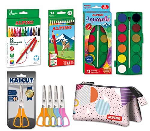 Alpino Material-Set für die Schule, 12 Buntstifte + 12 Standard-Marker + Etui 3 Fächer Geometric + Set 12 Aquarellfarben + Kaicut Schere | Packung Schule von Alpino