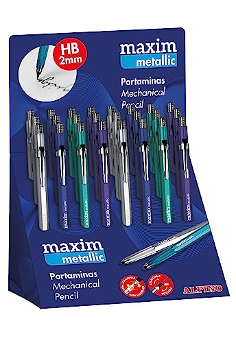 Alpino Maxim Metalix Druckbleistift, 2 mm, mit Metallgehäuse und Spitzen, 24 Stück, Blisterpackung mit 12 HB-Minen, Metallic-Farben von Alpino