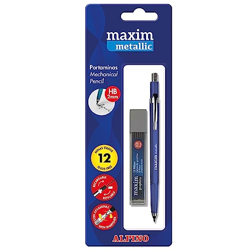 Alpino Maxim Metalix Druckbleistift, nachfüllbar, 2 mm, mit Metallgehäuse und Spitzen, Blisterpackung mit 12 HB-Minen, verschiedene Metallic-Farben von Alpino