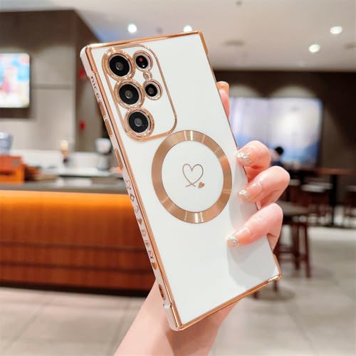 Altartar Hülle für Samsung Galaxy S22 Ultra Magnetisch Handyhülle,Niedliches Herz Muster Schutzhülle für Samsung S22 Ultra Mädchen Weiche Case Kameraschutz Galvanisierte Cover für Damen-Weiß von Altartar