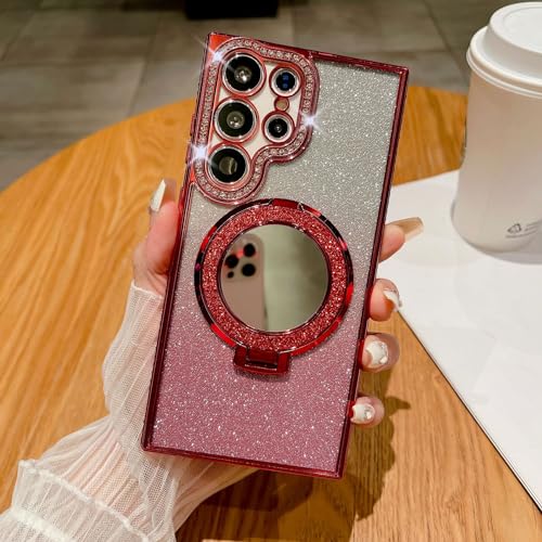 Altartar Magnetisch Handyhülle für Samsung Galaxy S22 Plus Glitzer Hülle mit Ständer,Glitter Handyhülle Samsung S22 Plus Spiegel Makeup Schutzhülle Ultradünn Transparent Case Cover-rot von Altartar