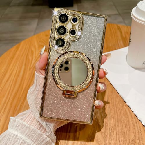 Altartar Magnetisch Handyhülle für Samsung Galaxy S24 Plus Glitzer Hülle mit Ständer,Glitter Handyhülle Samsung S24 Plus Spiegel Makeup Schutzhülle Ultradünn Transparent Case Cover-golden von Altartar