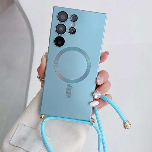 Altartar Magnetische Handyhülle für Samsung Galaxy S22 Ultra Handykette Hülle mit Band,Ultra Dünn Silikon Necklace Case Anti-Fingerabdruck Matt Schutzhülle mit Kordel zum Umhängen Cover-Hellblau von Altartar