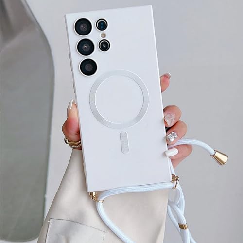 Altartar Magnetische Handyhülle für Samsung Galaxy S22 Ultra Handykette Hülle mit Band,Ultra Dünn Silikon Necklace Case Anti-Fingerabdruck Matt Schutzhülle mit Kordel zum Umhängen Cover-Weiß von Altartar