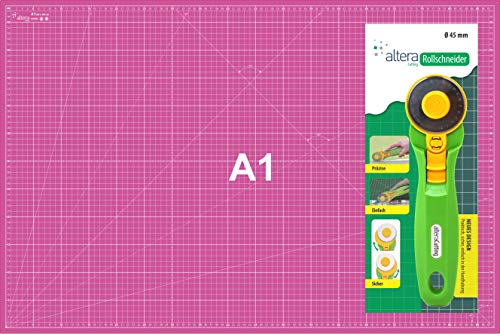 Schneidematte Set, Schneideunterlage Selbstheilend A1 (60x90cm) + 1 Rollschneider und Messer (Pink) von Altera