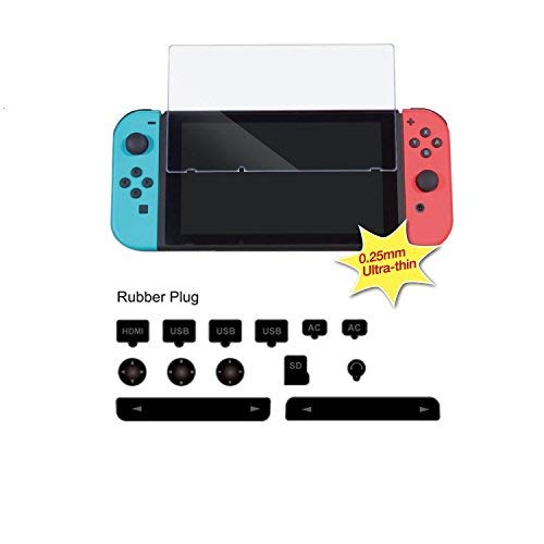 Althemax® Staubkappen Deckel & gehärtetes Glas Set Paket HDMI USB AC Joystick SD Kopfhörer Anschlüsse Caps für Nintendo Switch von Althemax