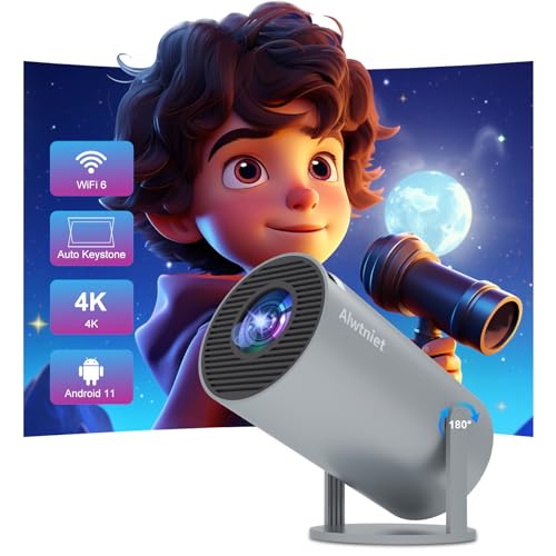 Mini Beamer 4K mit Android 11, Mini Projector for Bedroom mit Automatischer Keystone-Korrektur, 200 ANSI und WiFi 6 BT5.0. 130" Display, Tragbarer Smart Projector Home Cinema von Alwtniet