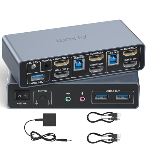 Alxum HDMI KVM-Switch für 2 Monitore und 2 Computer, Dual-Monitor KVM USB-Switcher, 4K@60Hz, unterstützt Kopier- und Erweiterungsmodus, mit USB 3.0-Ports, Desktop-Controller und 2 USBKabeln. von Alxum
