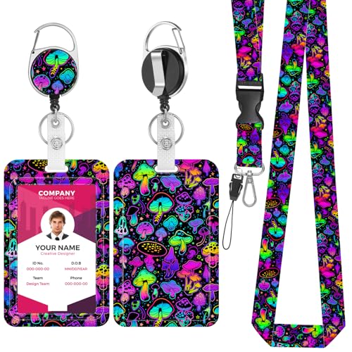Amabro Ausweishalter Lanyard Set, bunter Pilz Ausweishalter mit Umhängeband 360° drehbar, einziehbarer Ausweishalter Clip Namenskartenanhänger vertikaler Ausweisschutz(Stil D) von Amabro