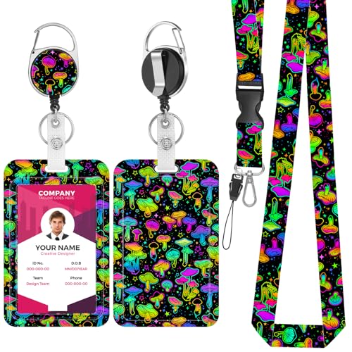 Amabro Ausweishalter Lanyard Set, bunter Pilz Ausweishalter mit Umhängeband 360° drehbar, einziehbarer Ausweishalter Clip Namenskartenanhänger vertikaler Ausweisschutz(Stil E) von Amabro