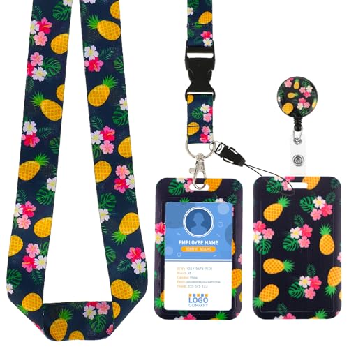 Amabro Einziehbares Lanyard mit ID Kartenhalter Set, Busfahrkarten hülle Kinder Kartenhülle ID Ausweishalter mit Lanyard Ausweishülle Mit Band Set Schlüsselband mit Kartenhalter（Ananas） von Amabro