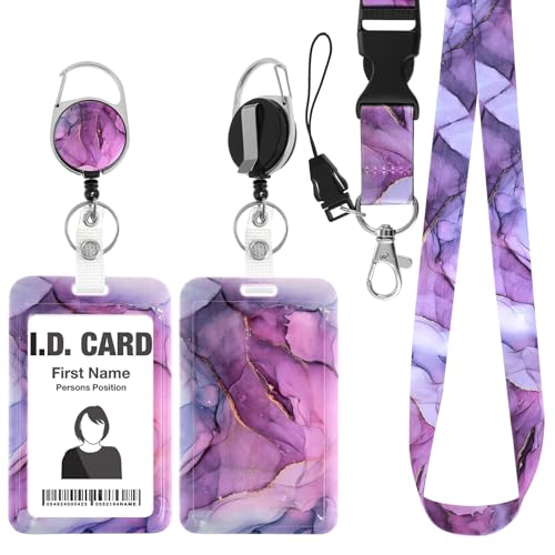 Amabro Marmor Ausweishalter Lanyard Set, Marmor Druck Ausweishalter, Kunststoff Ausweishalter einziehbarer Ausweishalter mit abreißbarem Schlüsselband vertikaler Kartenschutz (Lila) von Amabro