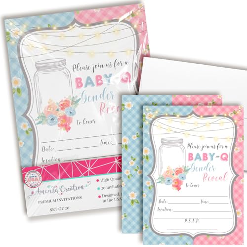 AmandaCreation BabyQ Einladungen zum Enthüllen, mit Einmachglas und Gingham-Design, 20 Stück zum Ausfüllen, 12,7 x 17,8 cm große Grill-Themenkarten mit Umschlägen, niedliche Babyparty-Einladungen für AmandaCreation BabyQ Einladungen zum Enthüllen, mit Einmachglas und Gingham-Design, 20 Stück zum Ausfüllen, 12,7 x 17,8 cm große Grill-Themenkarten mit Umschlägen, niedliche Babyparty-Einladungen für von Amanda Creation