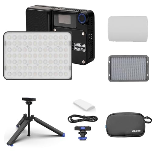Amaran Ace 25x Kit-Ultra-Compact BI-Color-LED-Videolicht mit 32W-Boost-Modus (2700K-6500K), 1.600 Lux@1m, 4,5H Laufzeit, PD-Schnellladung, App-Steuerung mit Tripod, Tragetasche & Grid (Kohle) von Amaran