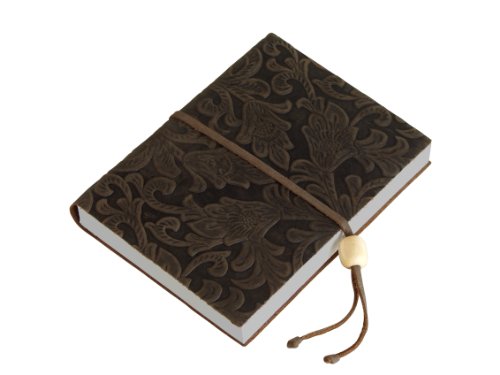 Amarcord Notizbuch aus Leder, mit Blumenmuster-Prägung und Perle als Verschluss dunkelbraun von Amarcord