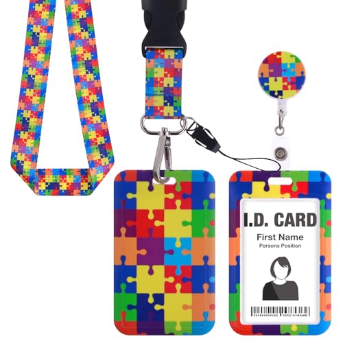 Amaxiu Bunte Puzzle Ausweishalter mit Abnehmbar Schlüsselband, Autismus Bewusstsein einziehbarer Ausweishalter Abzeichenrolle robuster Kreditkartenschutz mit weichen Ausweis Schlüsselbändern von Amaxiu