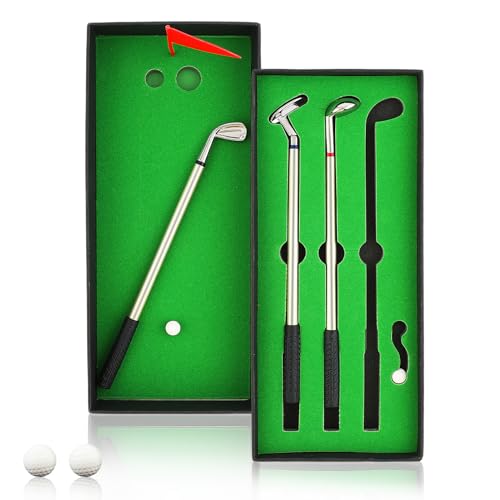 Amaxiu Golf Pen Set, Mini Golfschläger Putter Kugelschreiber Golfer Geschenkbox Set mit 2 Bällen Flagge Golf Kugelschreiber Bürobedarf Neuheitsgeschenk für Männer Freunde Schreibtischdekoration von Amaxiu