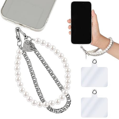 cobee Pearl Beaded Phone Wrist Strap, Anti Lost Stainless Steel Phone Chain Lanyards Double Chains Hand Wrist Straps with 2pcs Tether Tabs for Women Men Mobile Phone Wallet Keychain Camera Earphone von Amaxiu