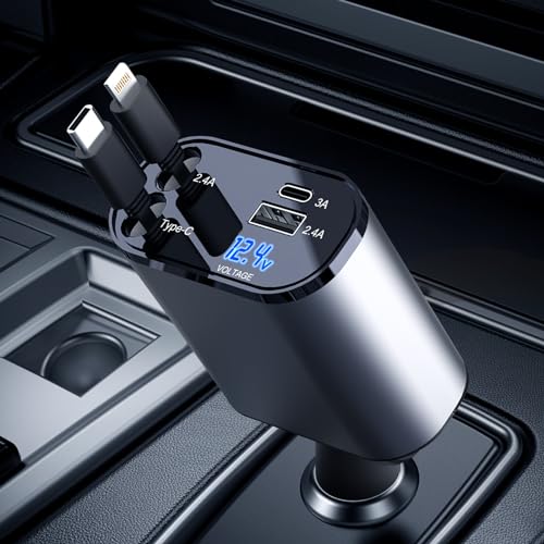 AmazeFan Retractable Car Charger - 60W Fast Charger, 4 in 1 Car Charger with iPhone and Type-C Cable, USB Cigarette Lighter Adapter Charger Compatible with iPhone/Galaxy/Samsung/Pixel/Google/Huawei von AmazeFan