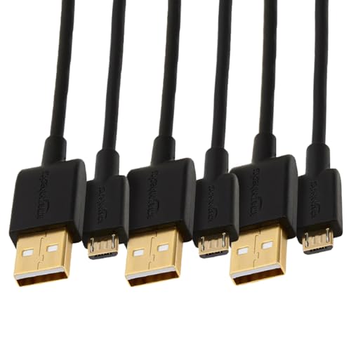 Amazon Basics USB-A auf Micro USB 2.0 Kabel, 480 Mbit/s Übertragungsgeschwindigkeit, mit vergoldeten Steckern, 3 Stück, 0.9 m, Schwarz von Amazon Basics