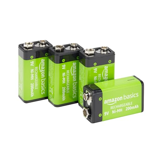 Amazon Basics 9V-NiMH-Akkus, wiederaufladbar, 200 mAh, bis zu 1000-mal aufladbar, vorgeladen, 4 Stück von Amazon Basics
