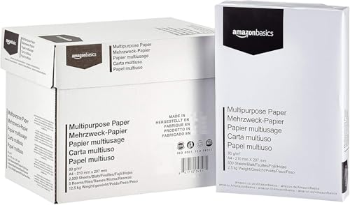 Amazon Basics Druckerpapier, DIN A4, 80 g/m², 2500 Stück, 5 Packungen mit 500, Weiß von Amazon Basics