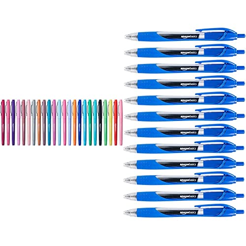 Amazon Basics Filzstifte, in verschiedenen Farben, 24 Stück & Druckgelschreiber, feine Spitze, Blau, 12 Stück von Amazon Basics