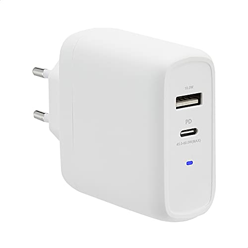 Amazon Basics GaN-Wandladegerät mit 2 Anschlüsse, 63 W, 1 USB-C-Port mit 45 W und 1 USB-A-Port mit 18 W, für Laptops, Tablets und Handys mit Stromversorgung, Weiß (Nicht PPS), 6,6 x 2,94 x 6,24 cm von Amazon Basics