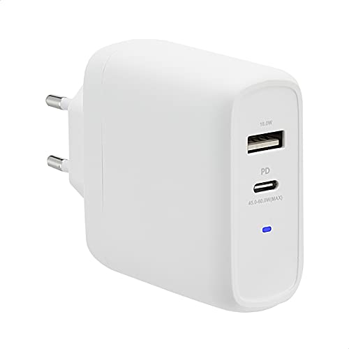 Amazon Basics GaN-Wandladegerät mit 2 Anschlüsse, 63 W, 1 USB-C-Port mit 45 W und 1 USB-A-Port mit 18 W, für Laptops, Tablets und Handys mit Stromversorgung, Weiß (nicht PPS), 6,6 x 2,94 x 6,24 cm von Amazon Basics