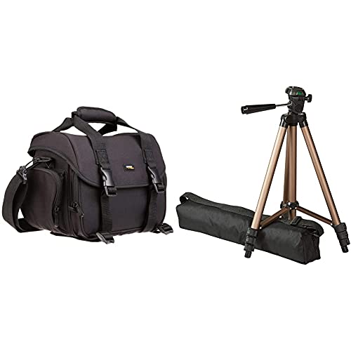 Amazon Basics - Große L Umhängetasche für SLR-Kamera und Zubehör, schwarz mit orange Innenausstattung & Leichtes Kamera-Dreibeinstativ mit Tasche, 41,91–127 cm von Amazon Basics