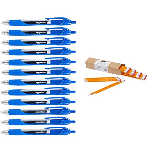 Amazon Basics - Holzgefasste Bleistifte, HB, vorgespitzt, 30er-Pack & Druckgelschreiber, feine Spitze, Blau, 12 Stück von Amazon Basics