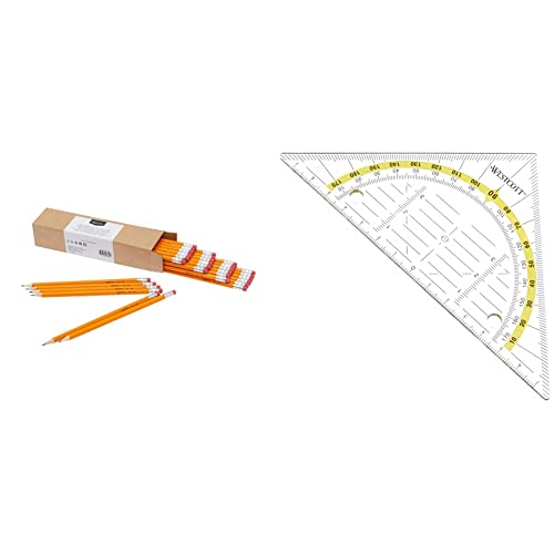 Amazon Basics - Holzgefasste Bleistifte, HB, vorgespitzt, 30er-Pack & Westcott E-10139 00 Geometriedreieck, mit Lochung, transparent, 14 cm von Amazon Basics