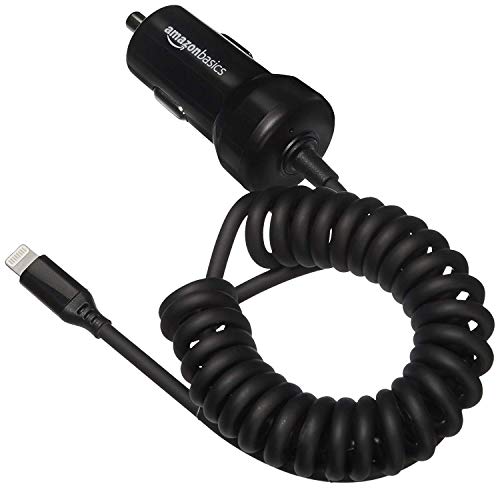 Amazon Basics - Kfz-Ladegerät mit Lightning-Anschluss, Spiral-Kabel, 5 V, 2,4 A, 0,45 m, Schwarz von Amazon Basics