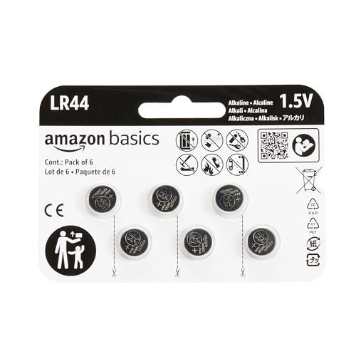 Amazon Basics LR44 Alkali-Knopfzellen, langanhaltende Leistung, frei von Quecksilber, 1,5 V, 6 Stück von Amazon Basics