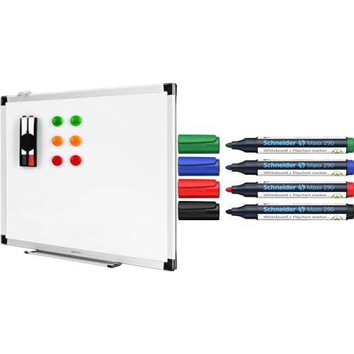 Amazon Basics Magnetisches Whiteboard mit Stiftablage und Aluminiumleisten, 60 cm x 45 cm (B x H) & Schneider Maxx 290 Marker (für Whiteboards und Flipcharts, Rundspitze 2-3 mm) Etui mit 4 Farben von Amazon Basics