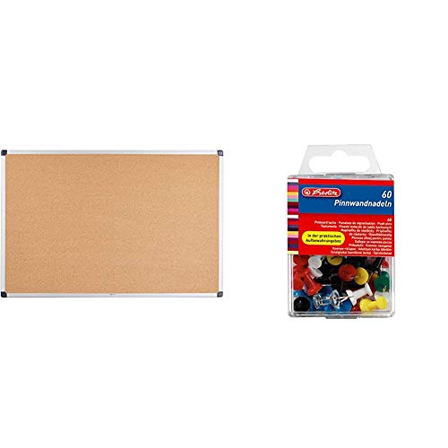 Amazon Basics - Notizbrett aus Kork, Aluminumrahmen, 90 x 60 cm & Herlitz 8770406 Pinnwandnadel 23 mm, 60er Box von Amazon Basics