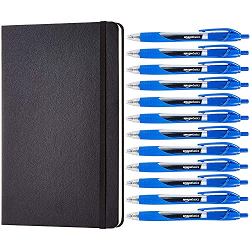 Amazon Basics Notizbuch, klassisches Design, groß, kariert & Druckgelschreiber, feine Spitze, Blau, 12 Stück von Amazon Basics
